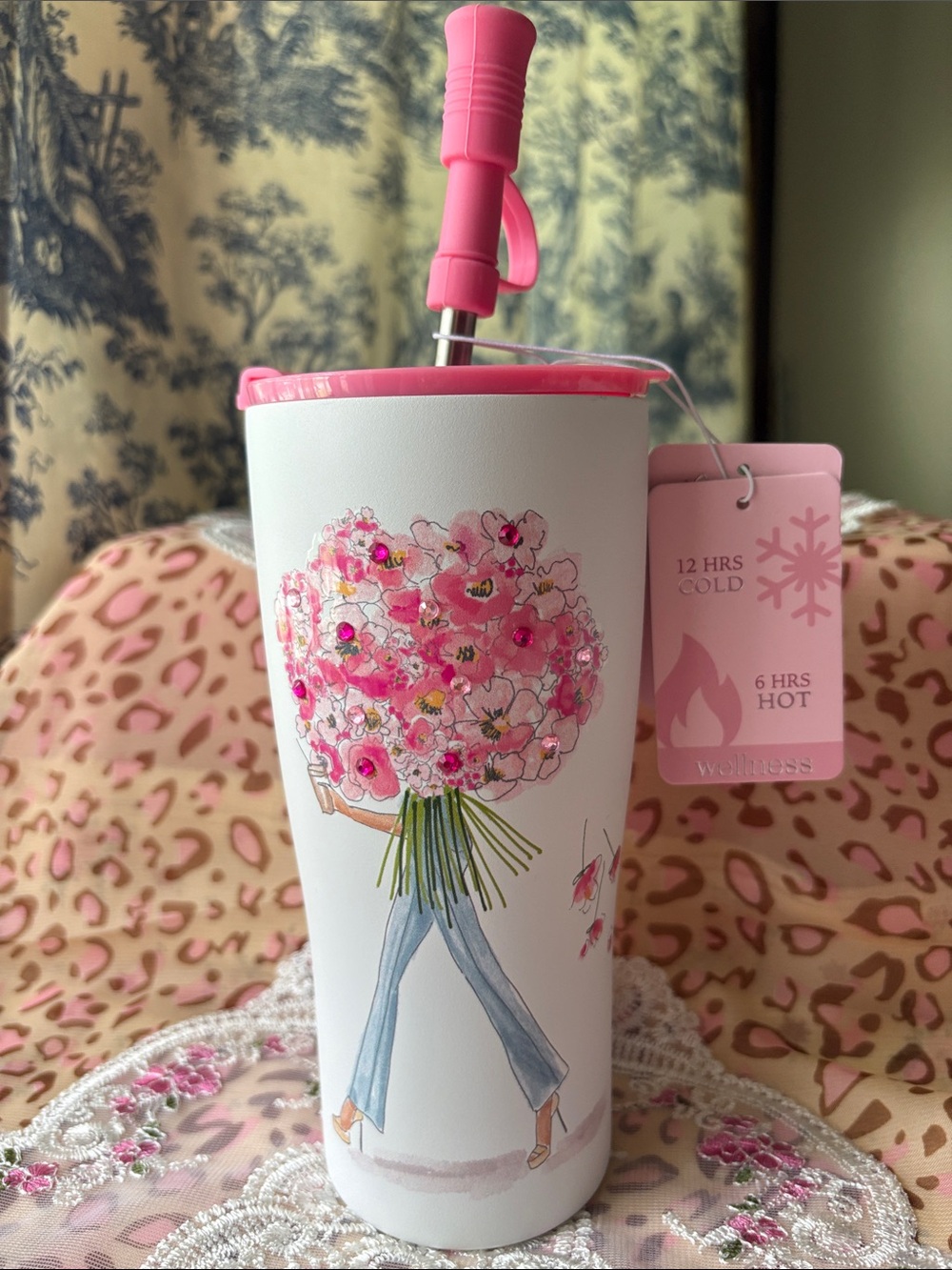 Pink Floral Bouquet Travel Tumbler with Straw
